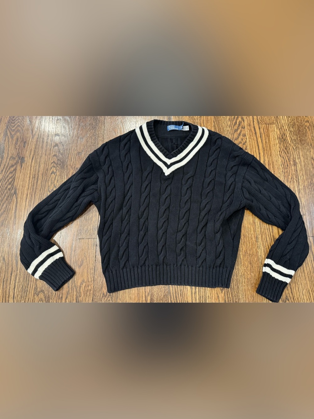 Polo by Ralph Lauren Black Cable-Knit V-Neck Sweater with White Stripe